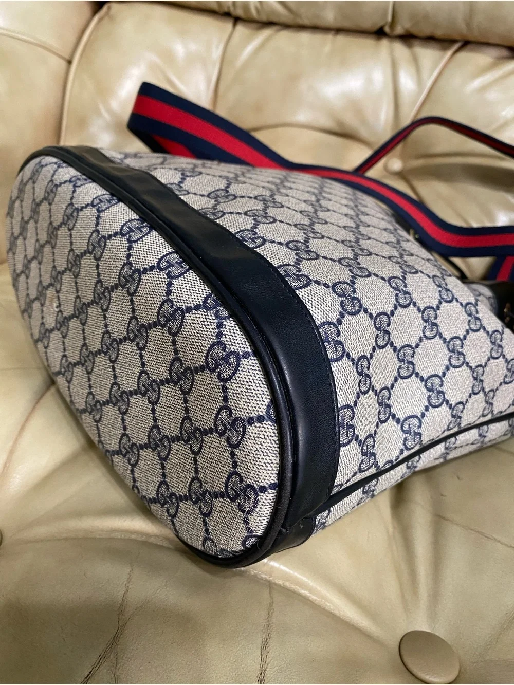 LARGE Gucci Drawstring Bucket Bag Vintage Sherry GG Monogram Web Stripe Added